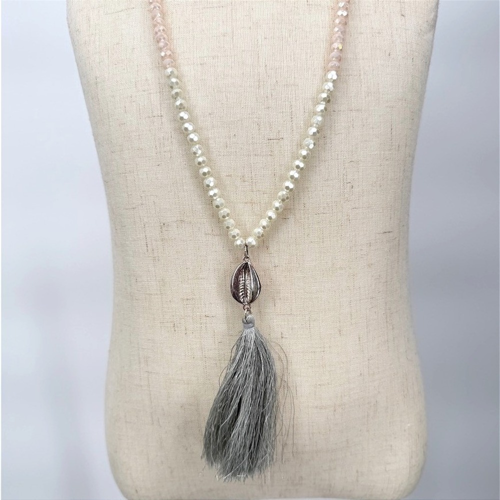 Beaded Cowrie Shell Thread Tassel Necklace Boho Beachy Coastal Resort 42"